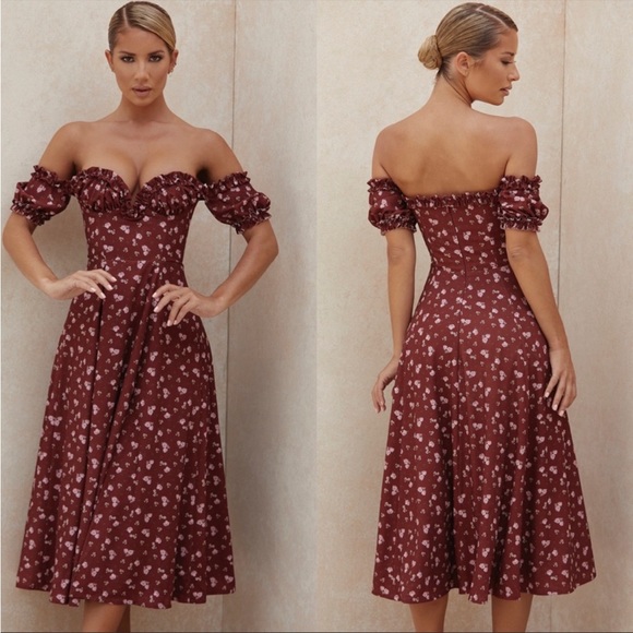 House of CB ‘Lauren’ Wine Floral Strapless Midi Dress NWT - Picture 5 of 9